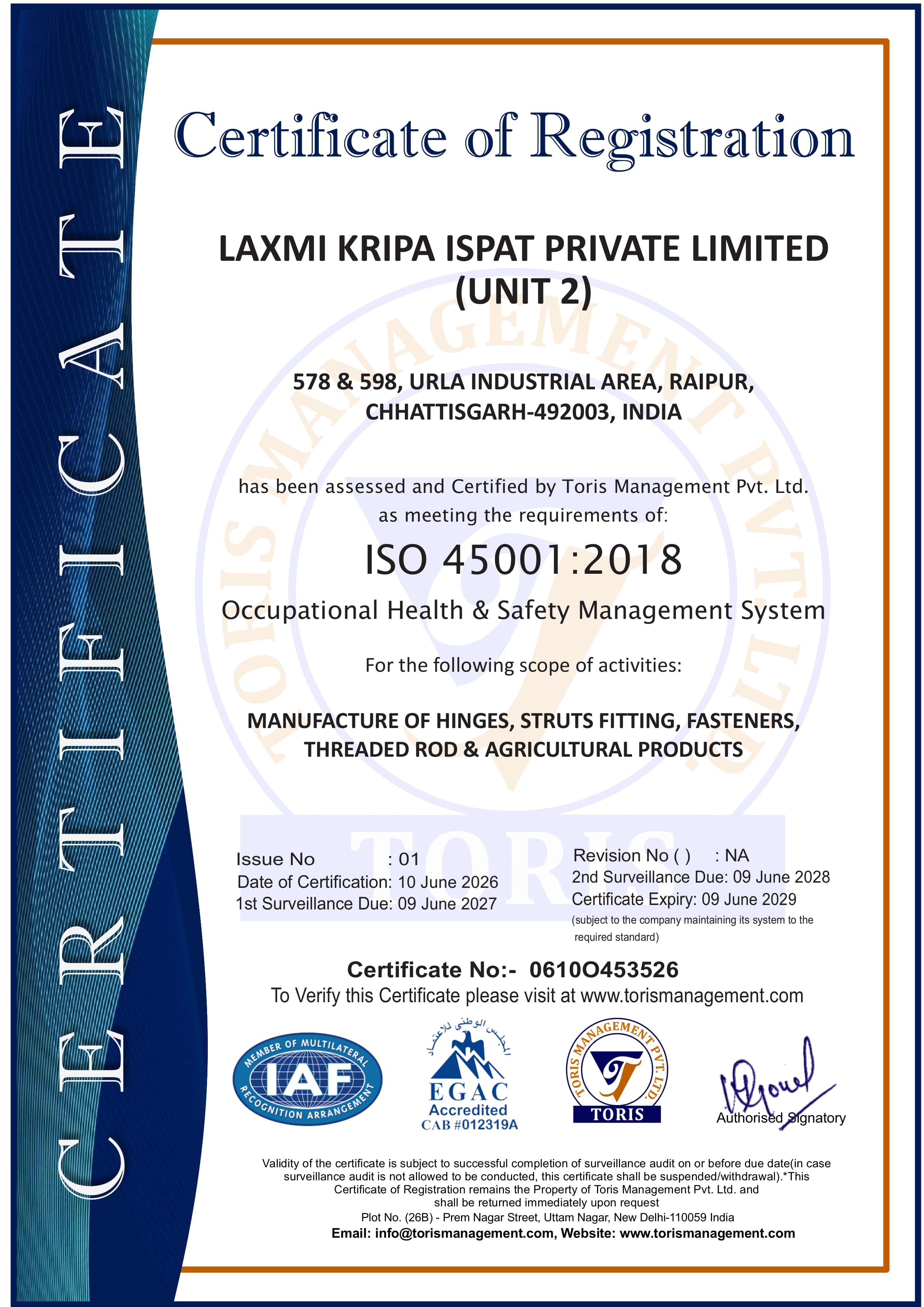 ISO 45001:2018 Occupational Health & Safety Management System Certificate - Laxmi Kripa Ispat Private Limited (Unit 2)